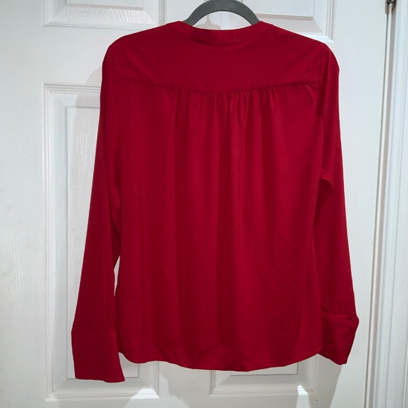 Calvin Klein red split neck long sleeve top Sz L petite button turn back cuffs - Picture 4 of 9